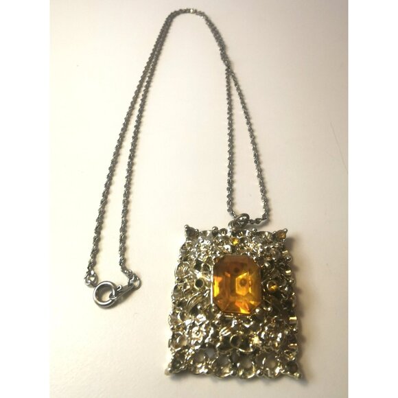 Vint. 80s Silver Tone Necklace Citrine Glass Pendant Accent Stones Some Missing - Picture 7 of 8